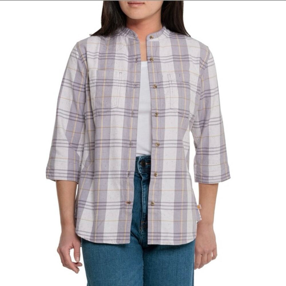 Carhartt Plaid Shirt Womens 3/4 Sleeve XL Mandarin Collar Button Up‎ Top Casual